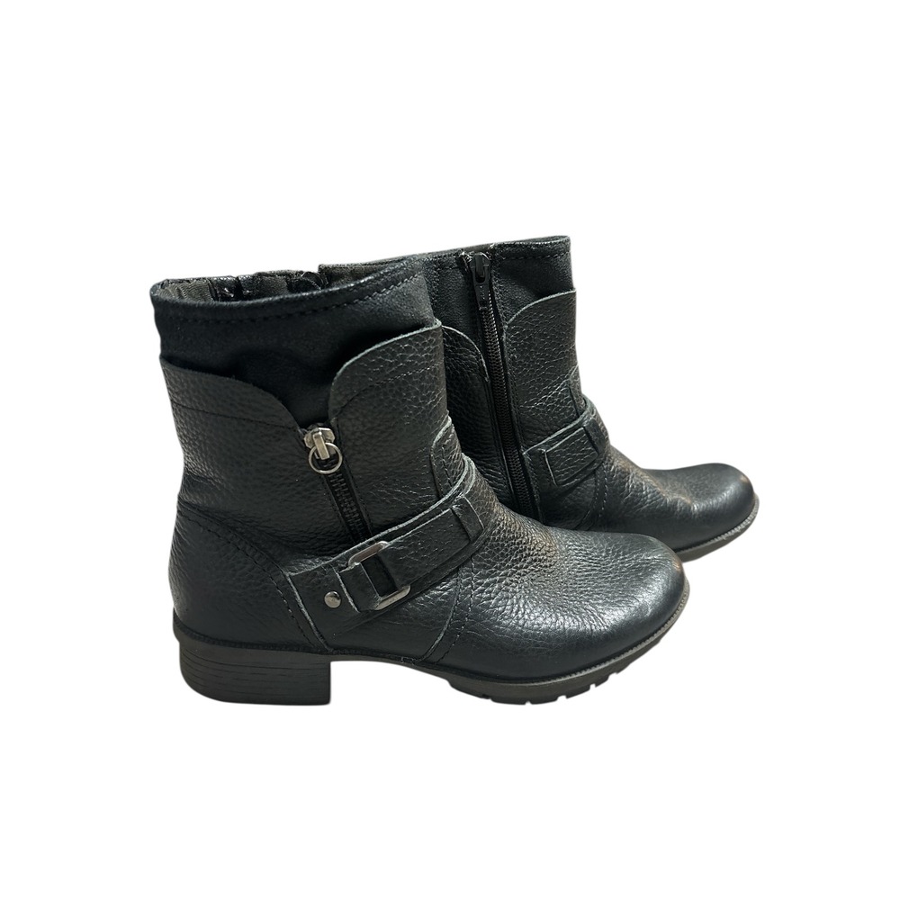 Clarks Black Leather Ankle Boots Buckle Zip Moto Style Women's‎ 6.5M